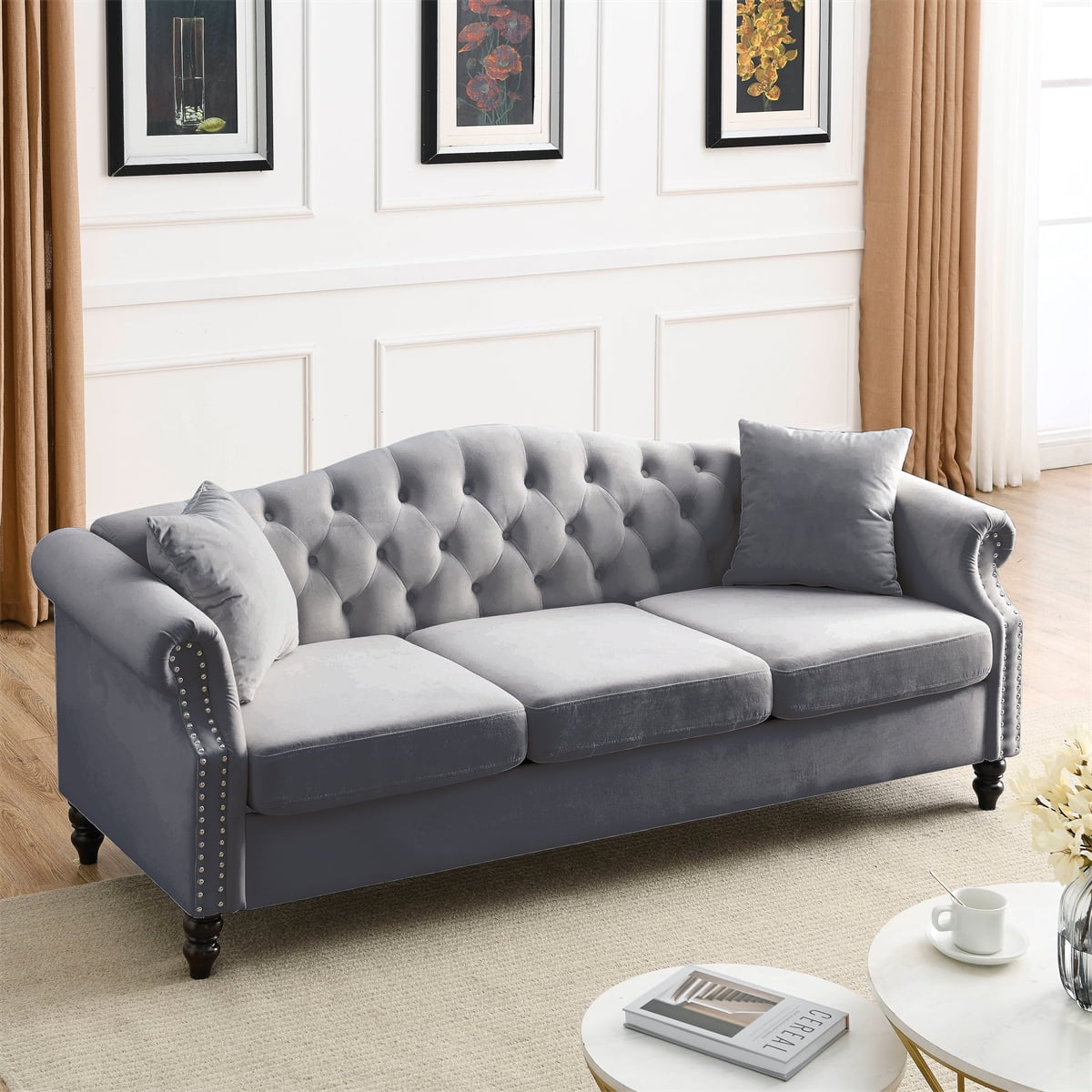 Chesterfield Sofa,3 Seater Sofa with Rolled Arms and Nailhead Trim