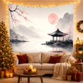 thumbnail image 3 of Asian Pavilion with Pink Sun and Misty Mountains, Serene Minimalist for Art Lovers, Asian Wall Art Decor, Housewarming Gift Tapestry Wall Hanging for Bedroom and Living Room, 3 of 7