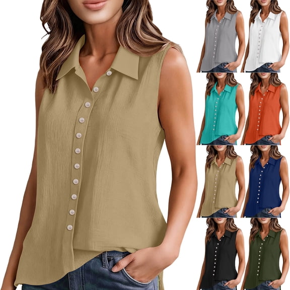 Women’s Summer Sleeveless Button Down Shirt Office Collared Blouses with Pleated Front Casual Basic Tank Tops Sleeveless Button Down Blouse with Collar Army Green L