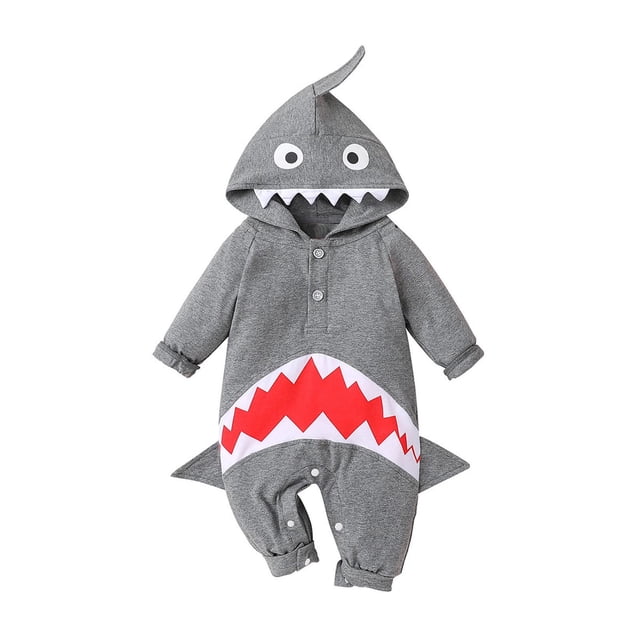 Body De Bebé Canastilla Onesies Para Niños Pequeños Otoño Invierno Infant Girls Boys Mameluco De Manga Larga Cute Shark Hooded Monos Ropa Monos Gris Oscuro Odeerbi LM103-2824