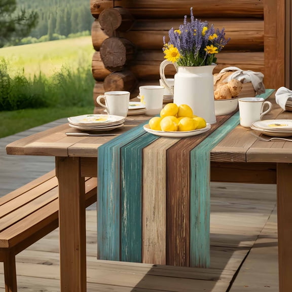 Wood Planks in Teal Brown Table Runner 13x70in Non-Slip Cotton Linen Table Runners, Rustic Farmhouse Background Dresser Scarves TableRunner for Dinner Kitchen Dining Wedding Party