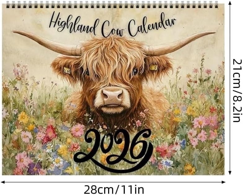 Brainybites Clearance 2026 Highland Cow Wall Calendar, Watercolour Cows Monthly Planner Scottish Wall Art Decor