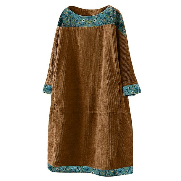 Gibobby Vestido Casual para Mujer Vestido largo de pana con estampado de mujer, suelto, étnico, Vintage, con bolsillos, manga, vestido de mujer de re(Amarillo,G)