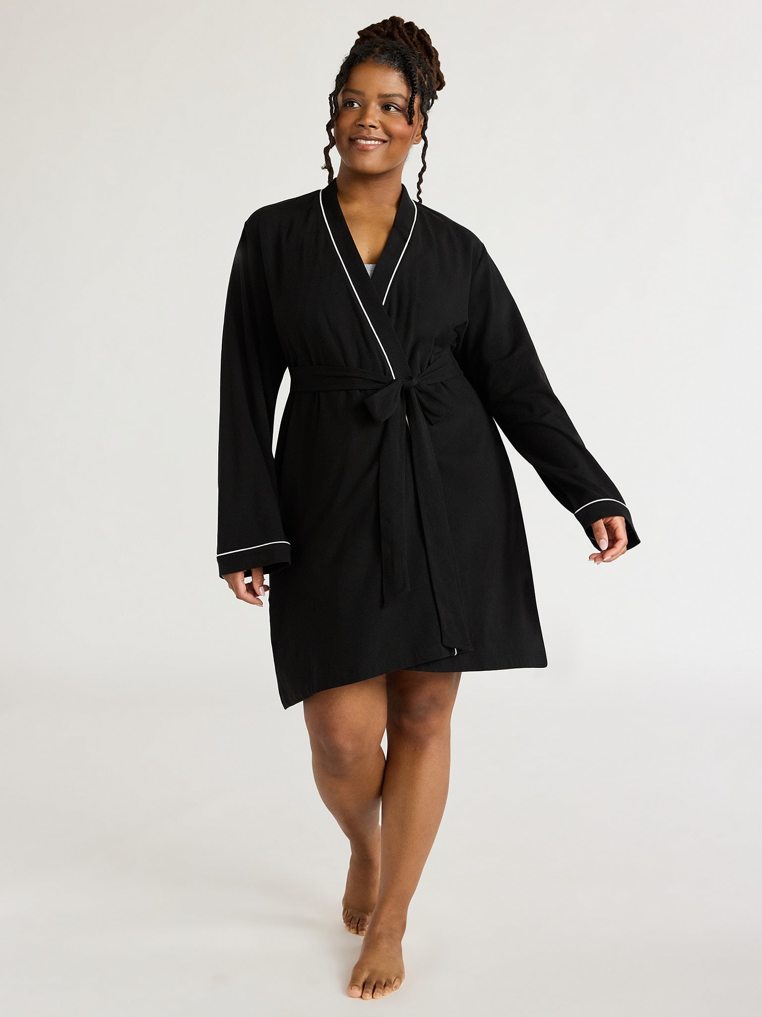 Joyspun Women's Cotton Blend Knit Wrap Robe, Sizes S to 3X, Soft