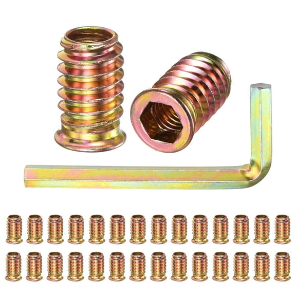 30-Pack Threaded Inserts for Wood, 5/16-18 x 20mm Hex Drive Threaded Insert Nuts with a Wrench for Wood Furniture [Gold Tone]