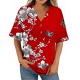 thumbnail image 5 of JTZGDY Henley Shirts for Women Cute Floral Pattern Printed Short Sleeve Button V Neck Graphic T-Shirts Loose Fit Dressy Tunic Blouse Red L, 5 of 7