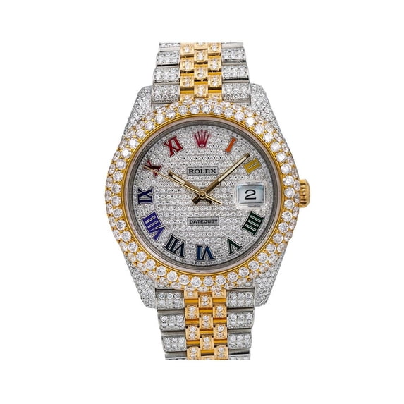 Pre-Owned Rolex Datejust 41MM 126303 Diamond Paved Rainbow Roman Dial Diamond Bezel Two Tone Yellow Gold Full Diamond Jubilee Bracelet