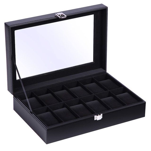 soporte para reloj de 12 ranuras con cubierta de vidrio, caja de reloj de cuero PU para hombres y mujeres