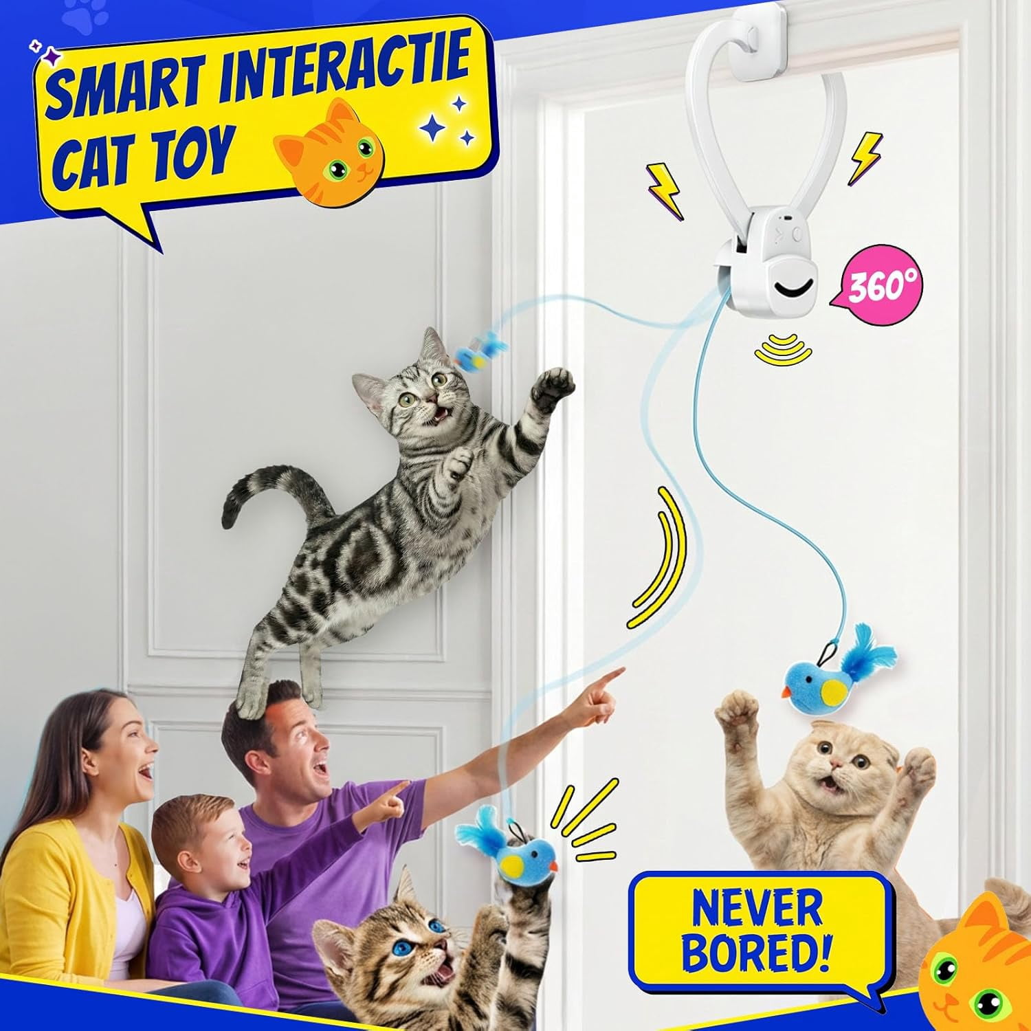 Interactive Cat Toys for Indoor Cats - Automatic Flying Bird & Mouse Doorway Hanging Toy, USB Rechargeable Electric Kitten Toy for Hunting Instinct, Enrichment & Exercise, 2 Birds & 1 Mouse