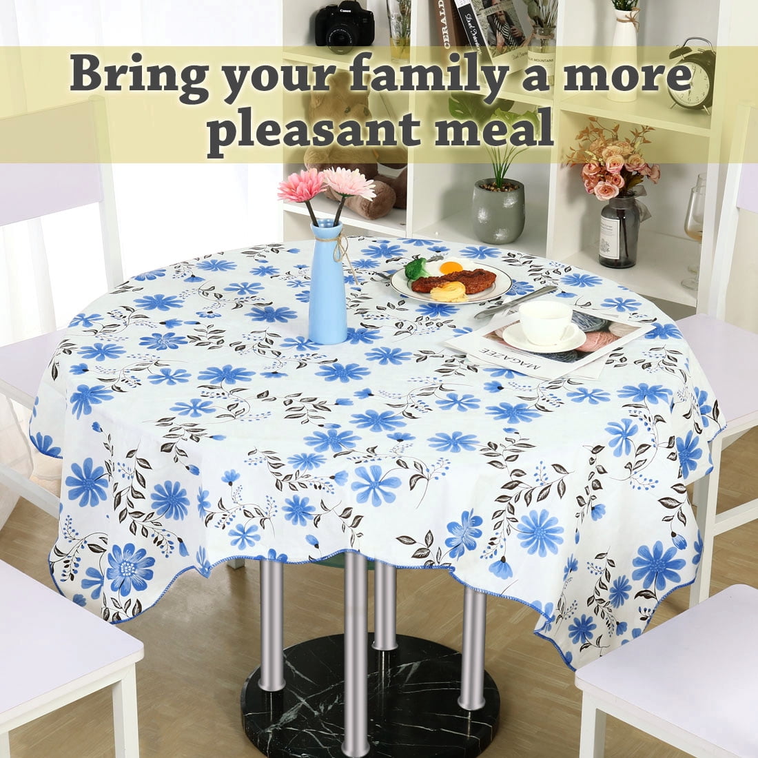 Unique Bargains Vinyl Square Tablecloth Blue Flower 53" x 53"