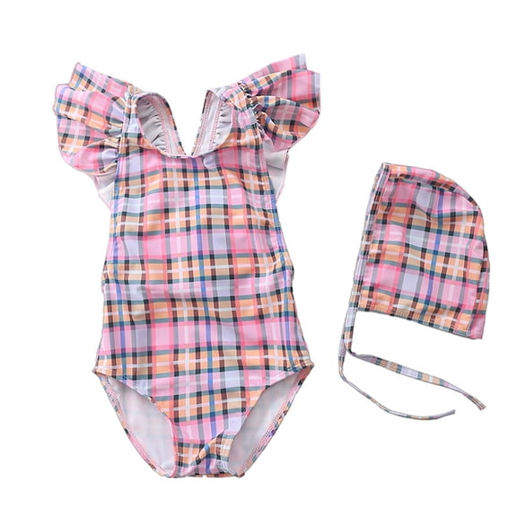 HBGVBA Toddler Girls Swimsuit,1 Piece Bathing Suits with Swim Cap,Girl Classic Plaid Sleeve Swimsuit with Swim Cap for 0-3 Years Infant