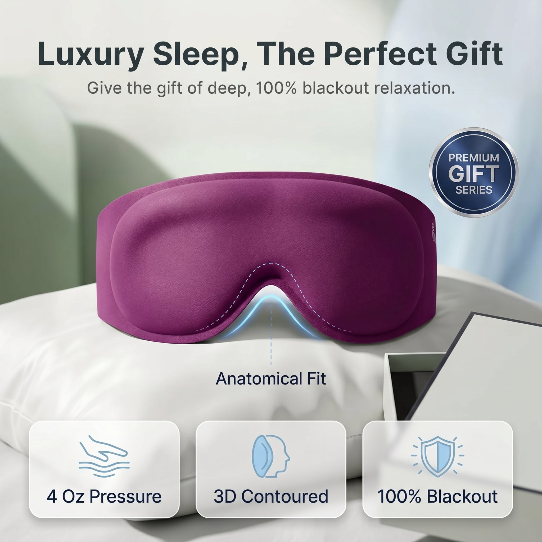 FACEMOON Weighted Sleep Mask 100% Blackout 3D Contoured for Men and Women Luxurious Night Sleep Soft Memory Foam Zero Pressure Travel Essential Purple