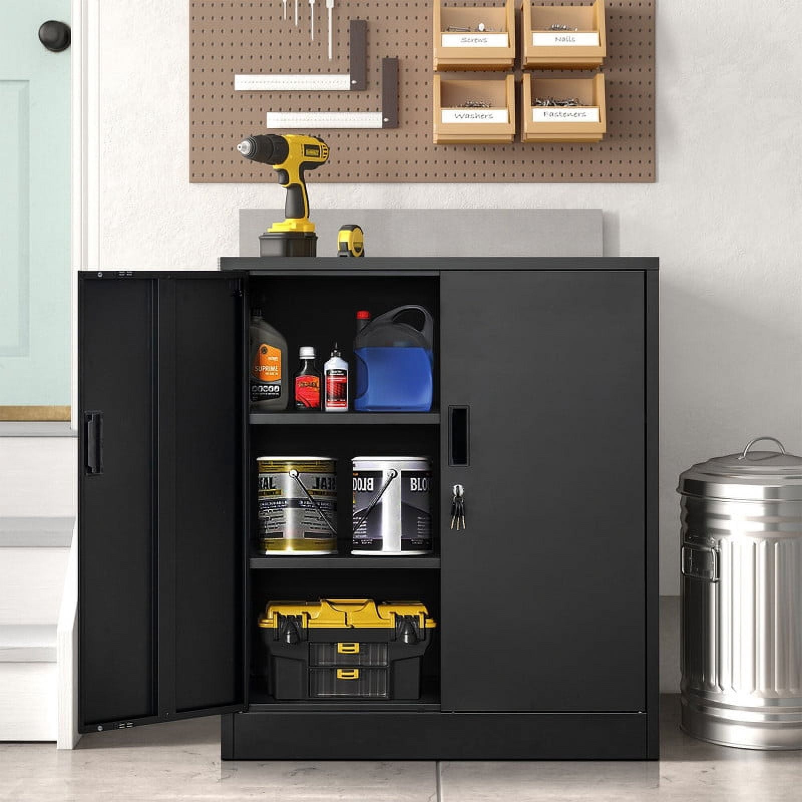 CJF Metal Storage Cabinet, Steel Locking Storage Cabinet with 2 Shelves for Home, Office, Garage, 36.2" H x 31.5" W x 15.7" D (Black)