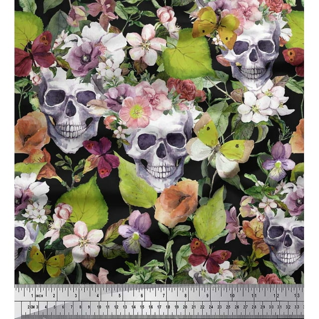 Soimoi Green Rayon Fabric Skull & Anemone Flower Print Fabric by Yard 56 Inch Wide