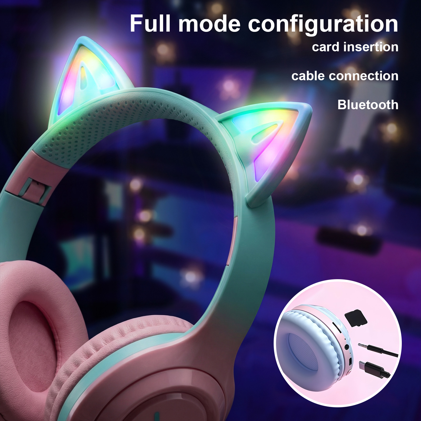 Rirool Cat Ear Bluetooth Headphones with LED Lights, Kids & Adults photo 7