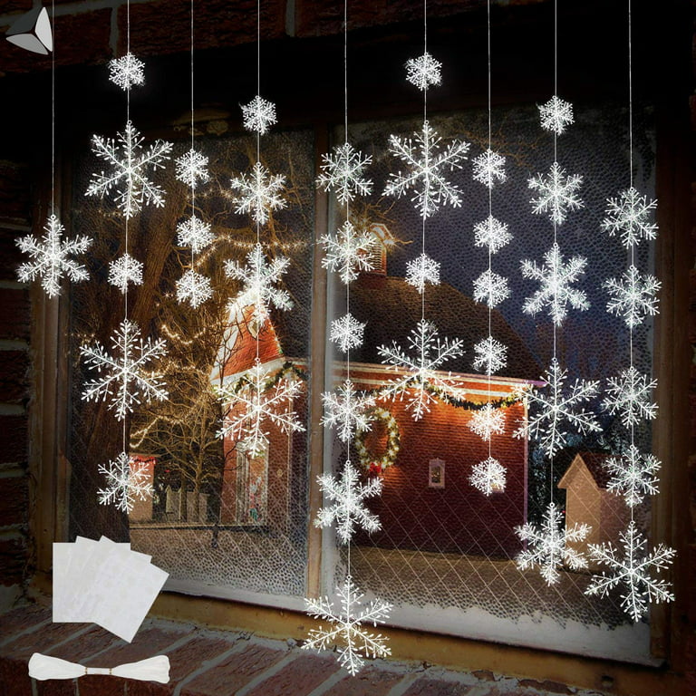Sixtyshades 108 Pcs White Glittered Snowflakes Plastic Snowflakes Christmas  Hanging Ornaments for Xmas Tree Wedding Birthday Décor (4 in)