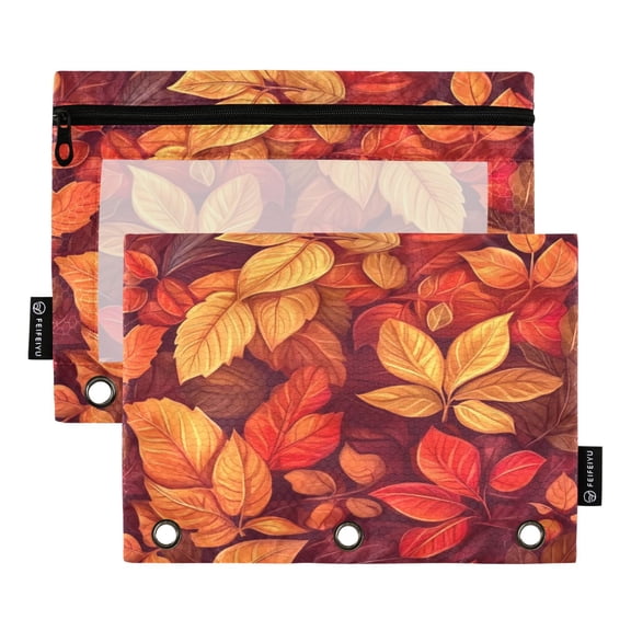 2 Pack 3 Ring Binder Pouch with Clear PVC Window Water Resistant Zipper Pencil Pouch Fall Leaves Pattern Binder Pocket for Classroom Office Home Stationery Organization