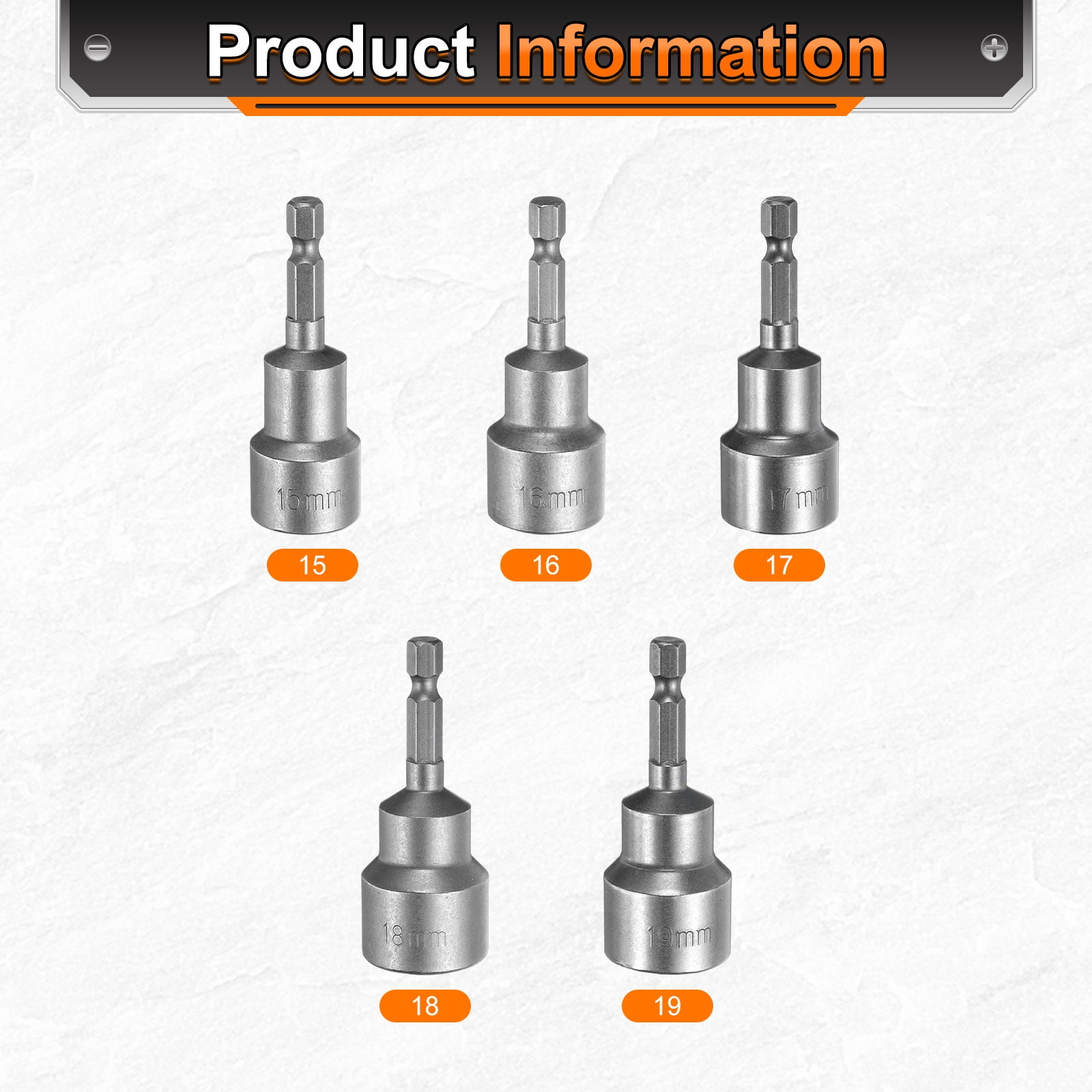 Uxcell 5pcs Hex Nut Driver Drill Bit 15/16/17/18/19mm 6-Point Drill Socket 1/4" Hex Shank 65mm Length Nut Setter Quick-Change Nut Impact Driver Bit Set with Bit Holder