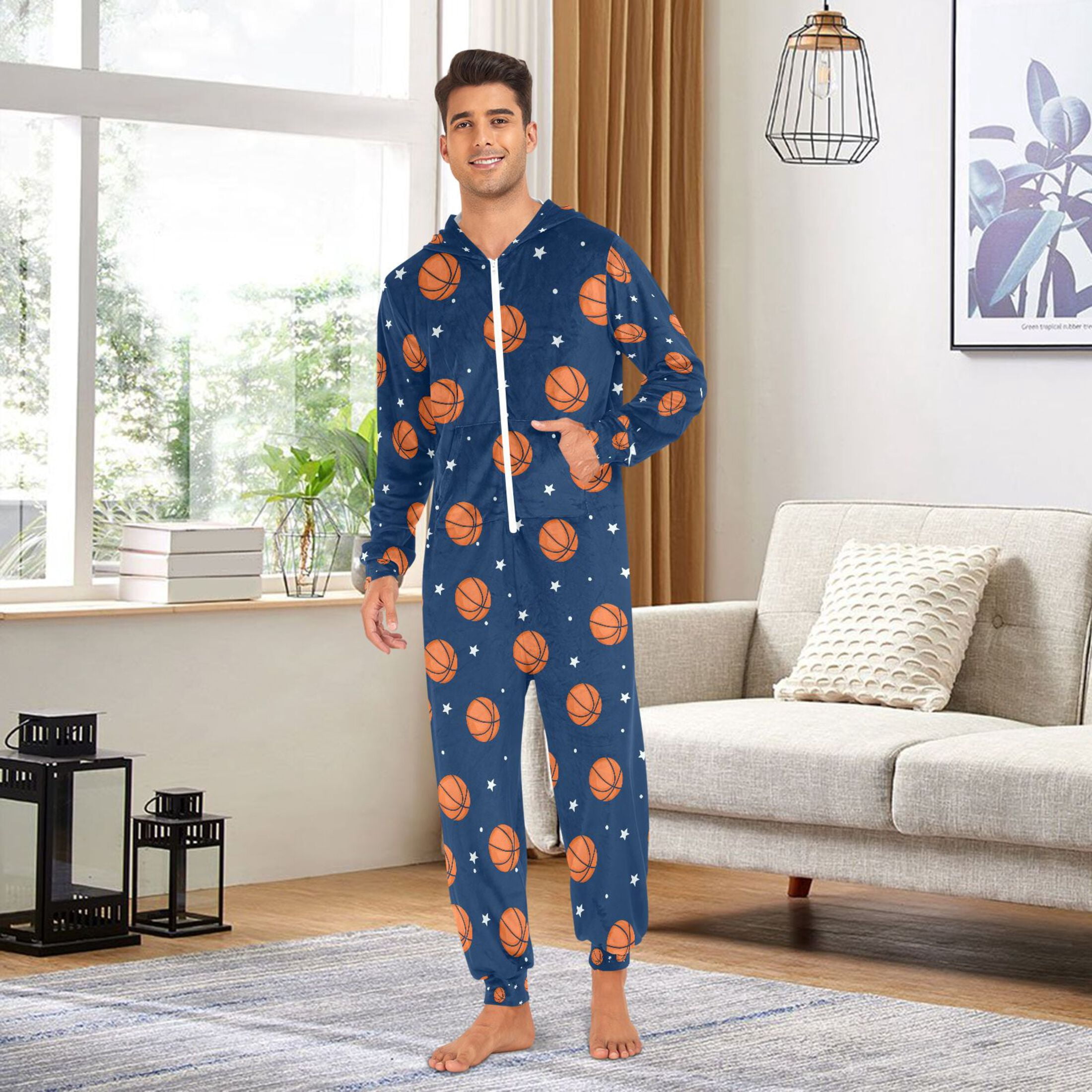 Adult Christmas Onesie Basketball Star Adult Zipper One-Piece Pajamas Unisex Pajamas with Pockets