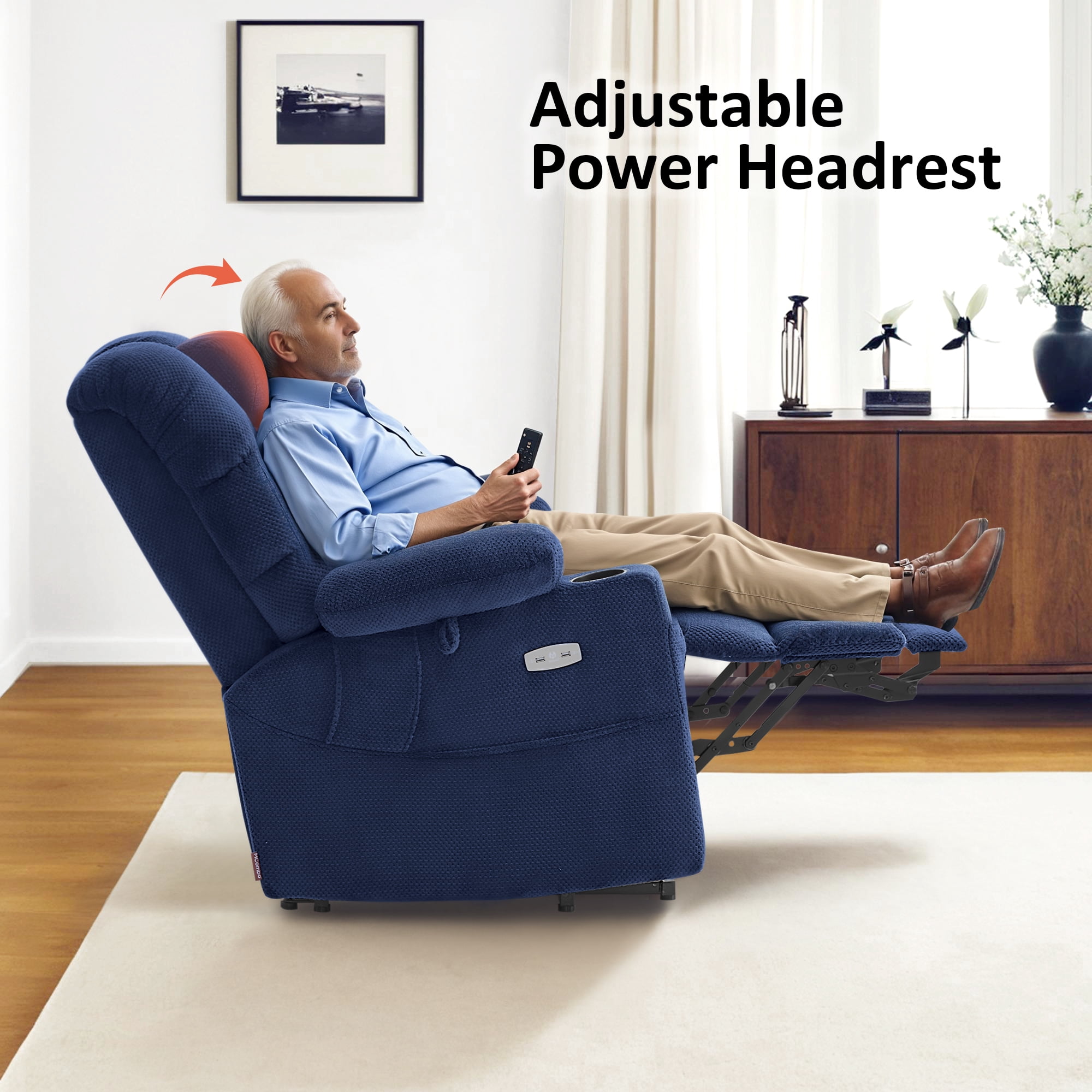 MCombo Triple Motor Power Lift Recliner for Elderly, Sleep Recliner Sofa with Adjustable Headrest, Fabric, Navy Blue