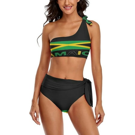 Jamaica Flag Jamaica Logo One Shoulder Bowknot Swimsuit Two Piece Swimsuit Knot Crop Top Bikini High Waisted Bathing Suit