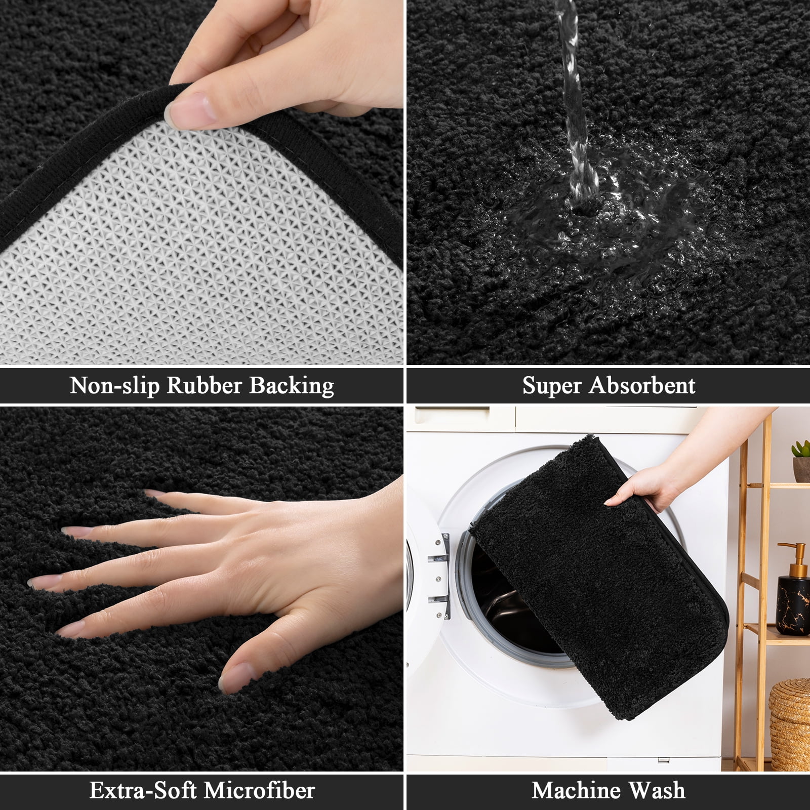 ‌Ileading 16-Piece Shower Curtain Set with Rugs, Waterproof Waffle Shower Curtain & Soft Non-Slip Bath Rugs with 12 Hooks, Black Bathroom Sets