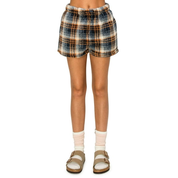 Cali1850 Women's Plaid Sherpa Shorts Sweatpants Bungee with Elastic Drawstring Waistband Soft Comfy Fuzzy Pants with Pockets