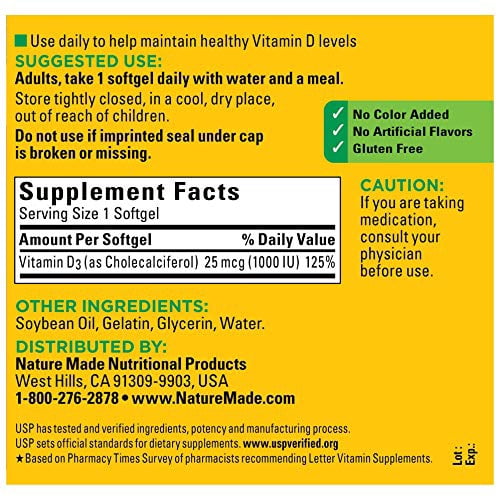 Nature Made Vitamin D3 1000 IU (25 mcg) Softgels, 300 Count for Bone Health? (Packaging May Vary)