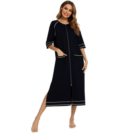 

Women Zipper Robes Full Length Nightgowns Cotton Loose Housecoat Half Sleeve Loungewear with Pockets Round Neck Nursing Gown Long Housedress Loose Plus Size Sleepwear Pajamas Dress S-XXL Black