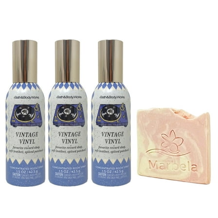Bath & Body Works Vintage Vinyl 3 Pack Room Spray Bundle with a Himalayan Salts Springs Sample Soap