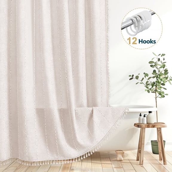 Dznils Boho Tassel Shower Curtain with Hooks, Farmhouse Thick Cloth Linen Fabric Bathroom Curtain, Beige, 72" x 72"