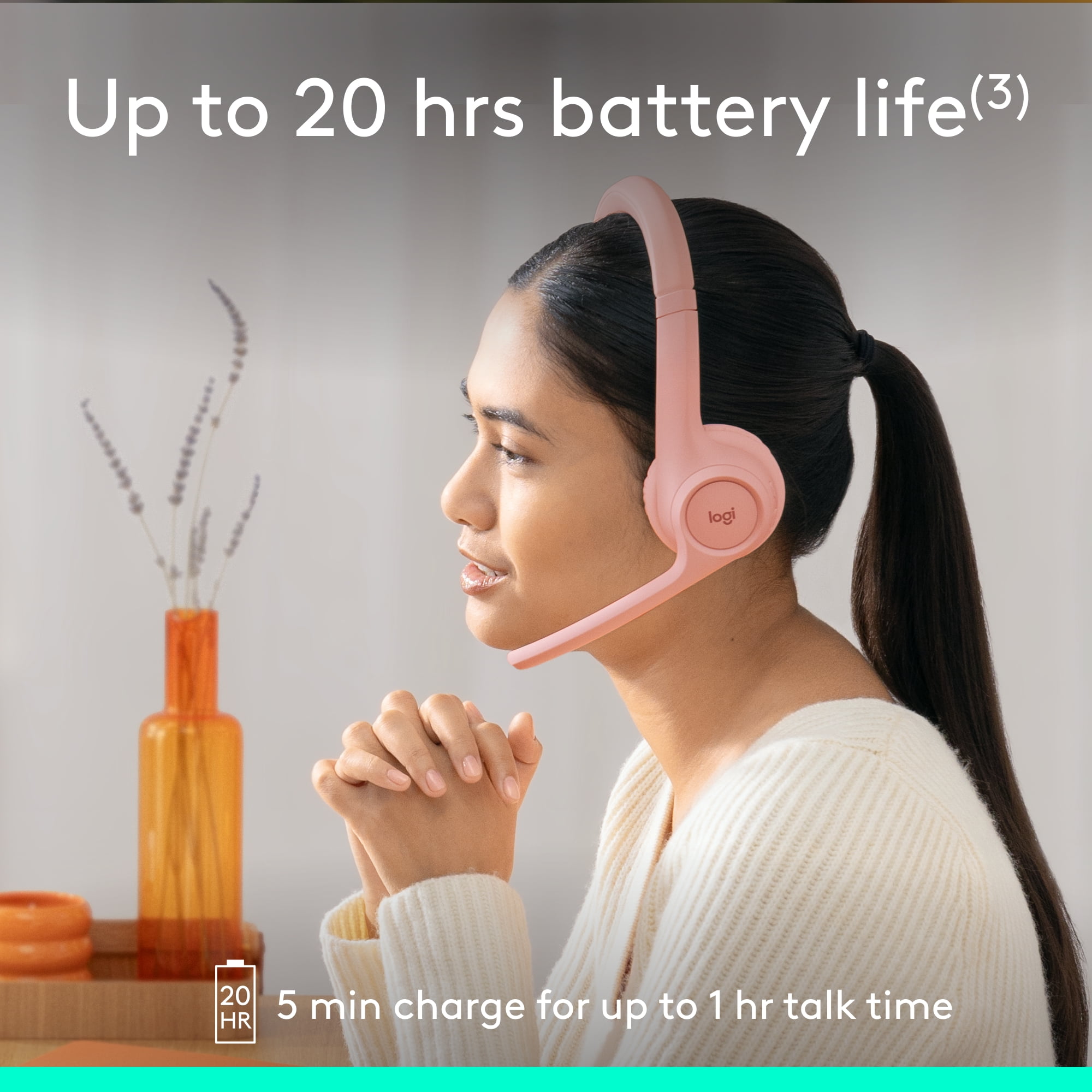 Logitech Zone 300 Wireless Bluetooth Headset with Noise-Canceling Microphone, Rose