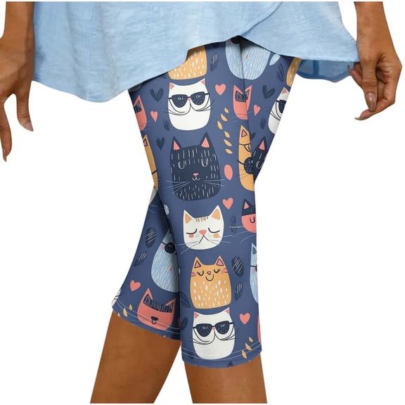 Felirenzacia Women's Kitty Print Capris Yoga Leggings, Casual Tummy Control Stretchy Pilates Leggings for Daily Active Wear, S-2XL