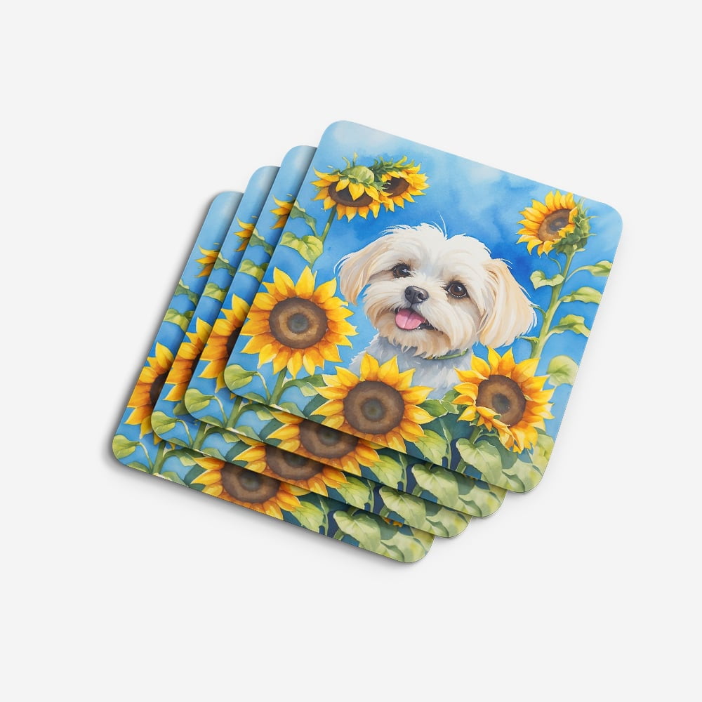 Maltese in Sunflowers Foam Coasters 3.5 in x 3.5 in