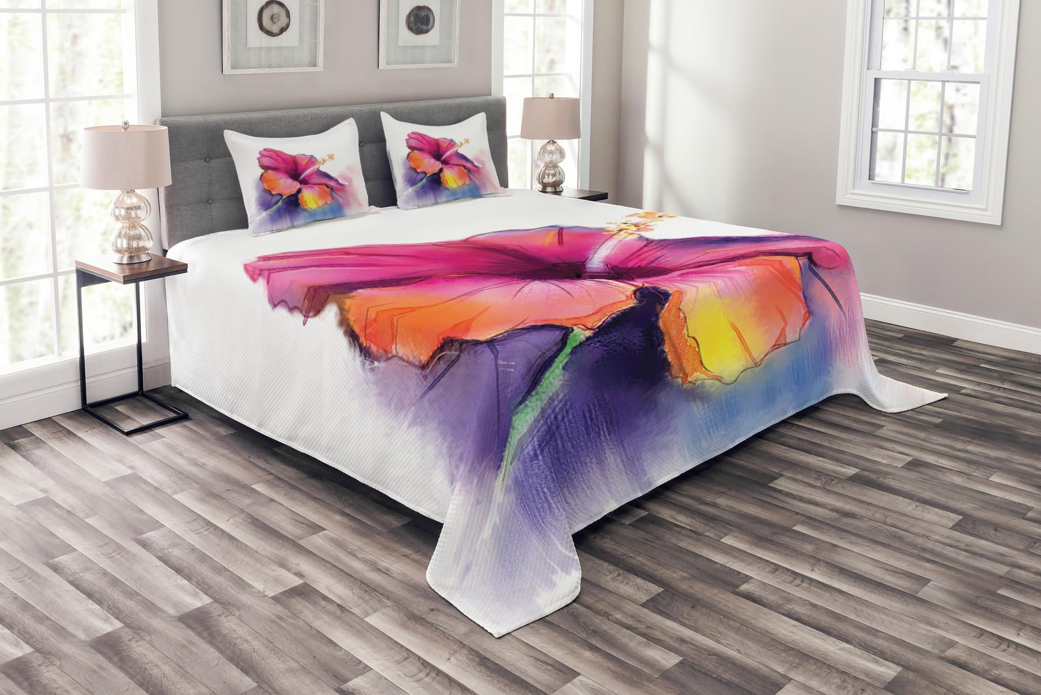 Flower Bedspread Set King Size, Hibiscus Flower in Pastel Abstract