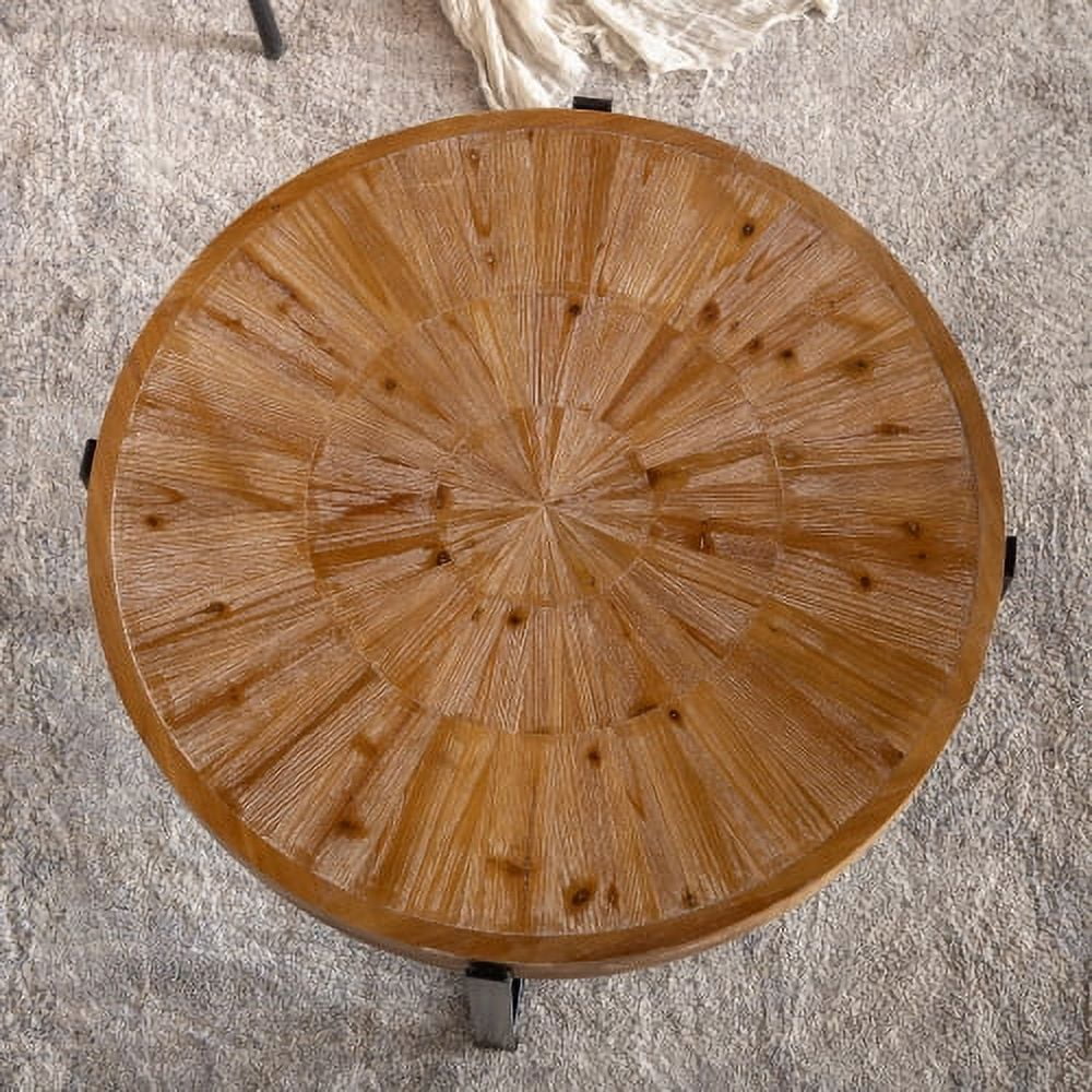 BSHTI 33.46"Retro drawing technology Splicing Round Coffee Table,Fir Wood Table Top with Black Cross Legs Base