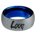 thumbnail image 2 of Tungsten Dripping Love Typography Writing Band Ring 8mm Men Women Comfort Fit Blue Dome Brushed Gray Polished, 2 of 4