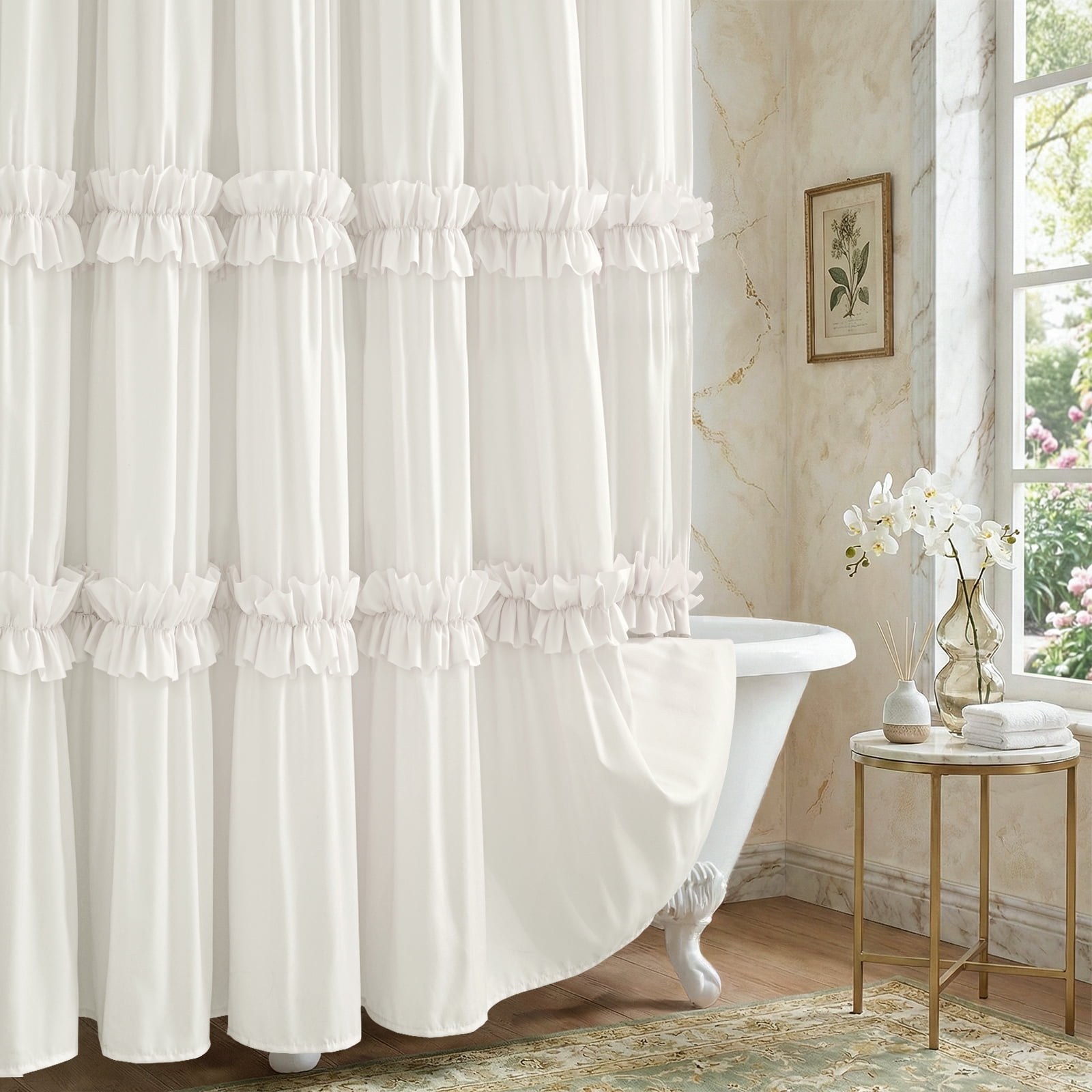 Seasonwood Ruffle Shower Curtain,Cream Tiered Fabric Bathroom Curtain for Farmhouse Decor,72 x 72 Inch