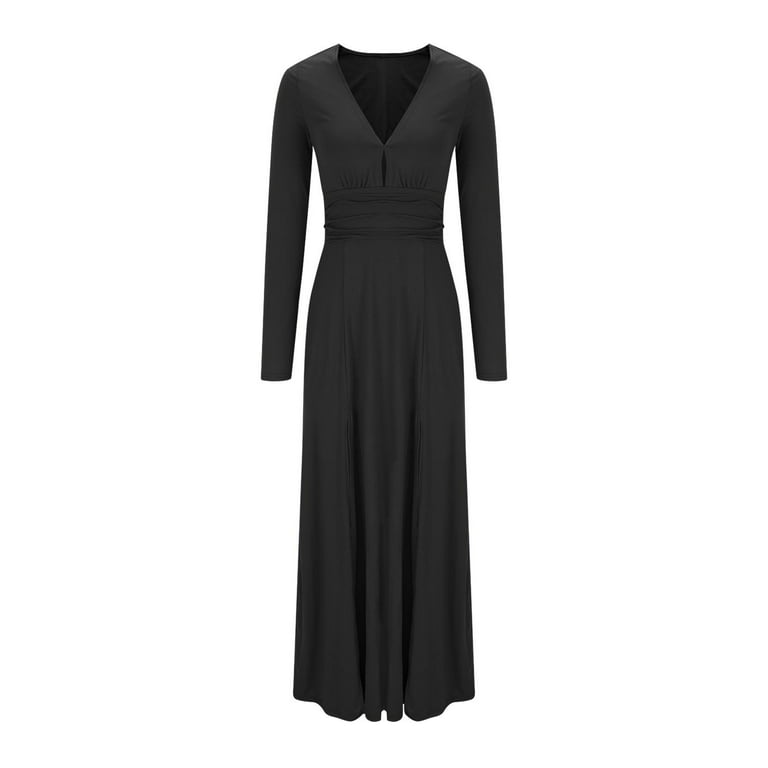 Cavosen Womens Wrap Dress Long Sleeve Dress Black Maxi Dress High