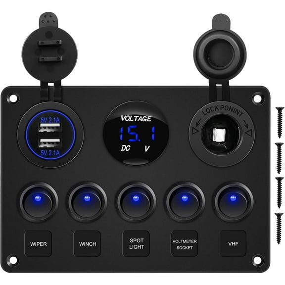DEXIMRO Multi-Function 5 Gang Rocker Switch Dual USB Charger Digital Volmeter 12V Outlet Pre-Wired Switch Panel Blue with Circuit Breakers for RV Car Boat Truck Trailer
