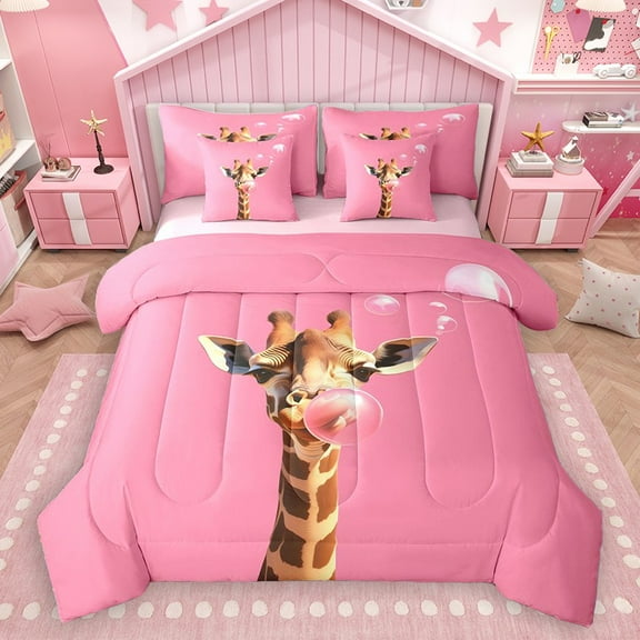 Homewish Animal Giraffe 7-Piece Twin Bedding Sets for Teens Boys Girls,Pink Brown Bedding Comforter Set,Pink Bubbles Breathable Sheet Sets,Ultra Soft Home Decor,Reversible