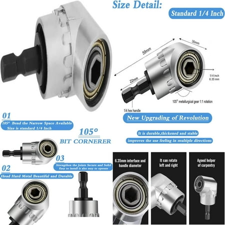 

ZHENJUNW Ergonomic 105 Degree Right Angle Drill Adapter with 1/4 Inch Hex Shank - Convenient Screwdriver Angled Bit Holder for Precision Work in Tight Spaces - Handy Tool Accessory