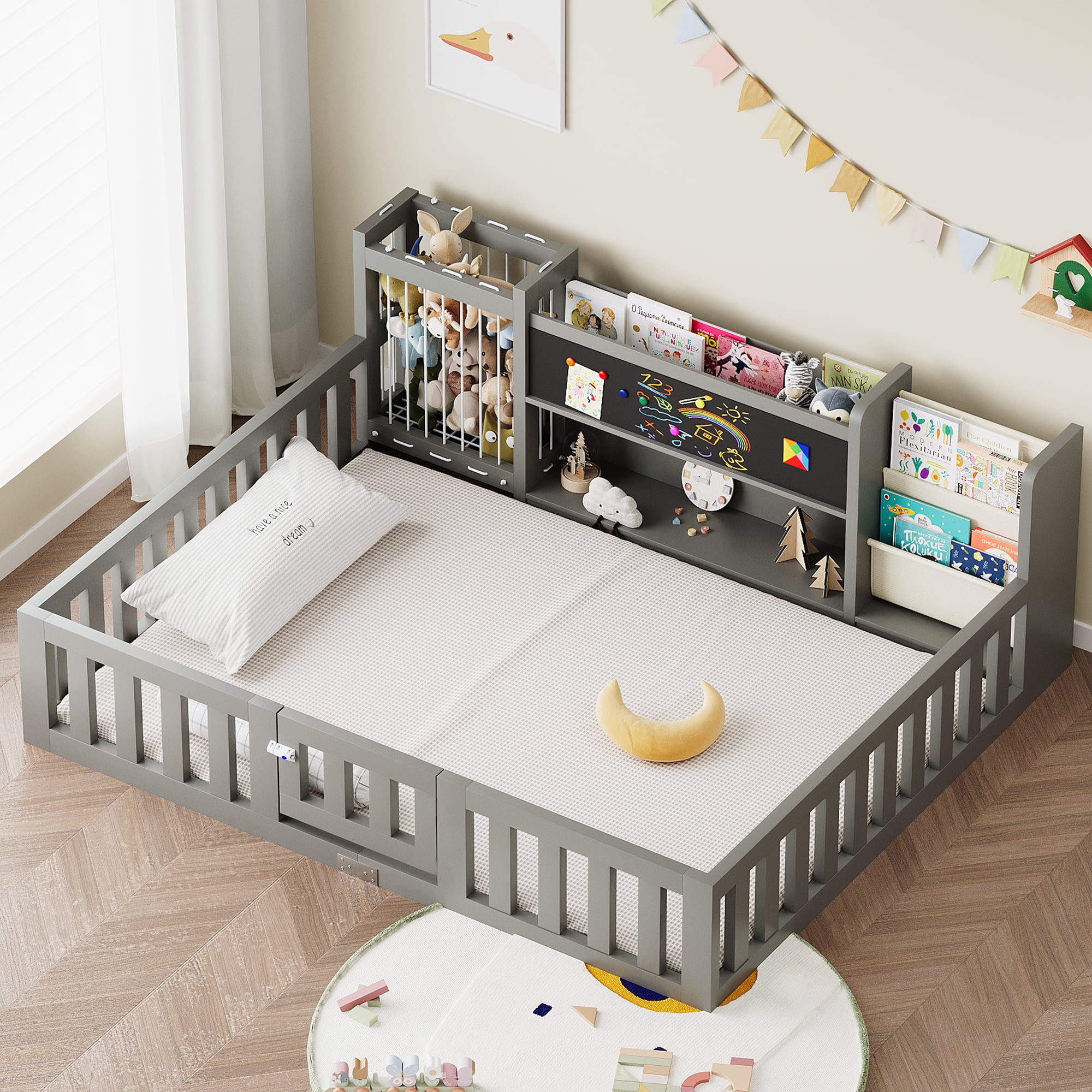 Advwin Full Floor Bed with  Gate, Safety Rails, Blackboard, Bookshelf & Toy Storage, Sturdy Wooden Platform Bed Frame, Gray