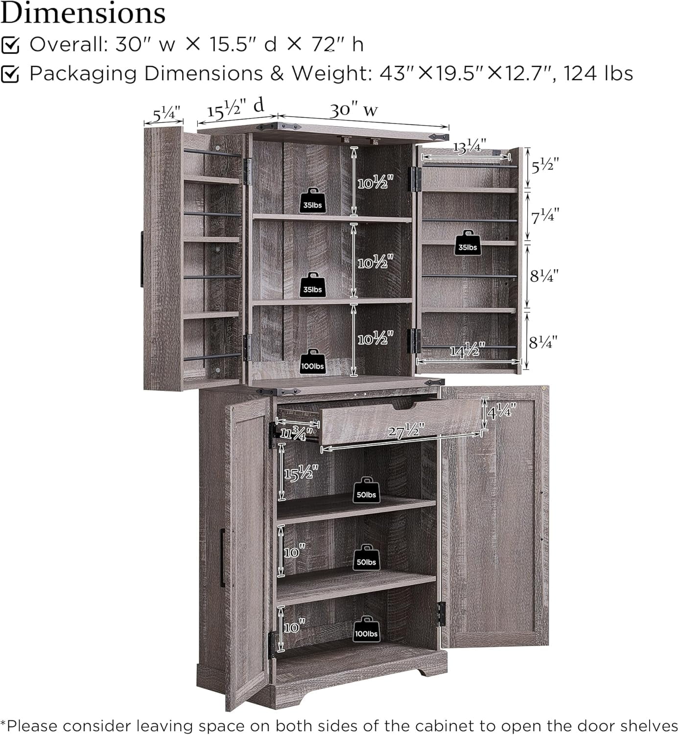ACCOHOHO 72" Tall Kitchen Pantry Cabinets, Farmhouse Storage Cabinet with Barn Door, Drawer & Adjustable Shelves for Kitchen, Dining Room, Bathroom, Rustic Grey