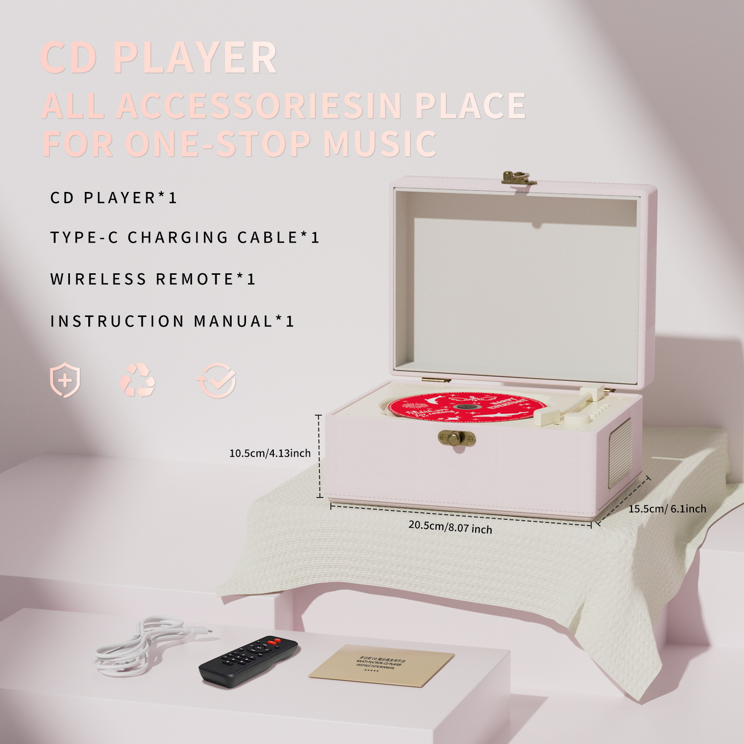 Yintiny Rechargeable Vintage CD Player with Speakers; Bluetooth Transmitter; Festival Gift; BGM Player for Home Decor