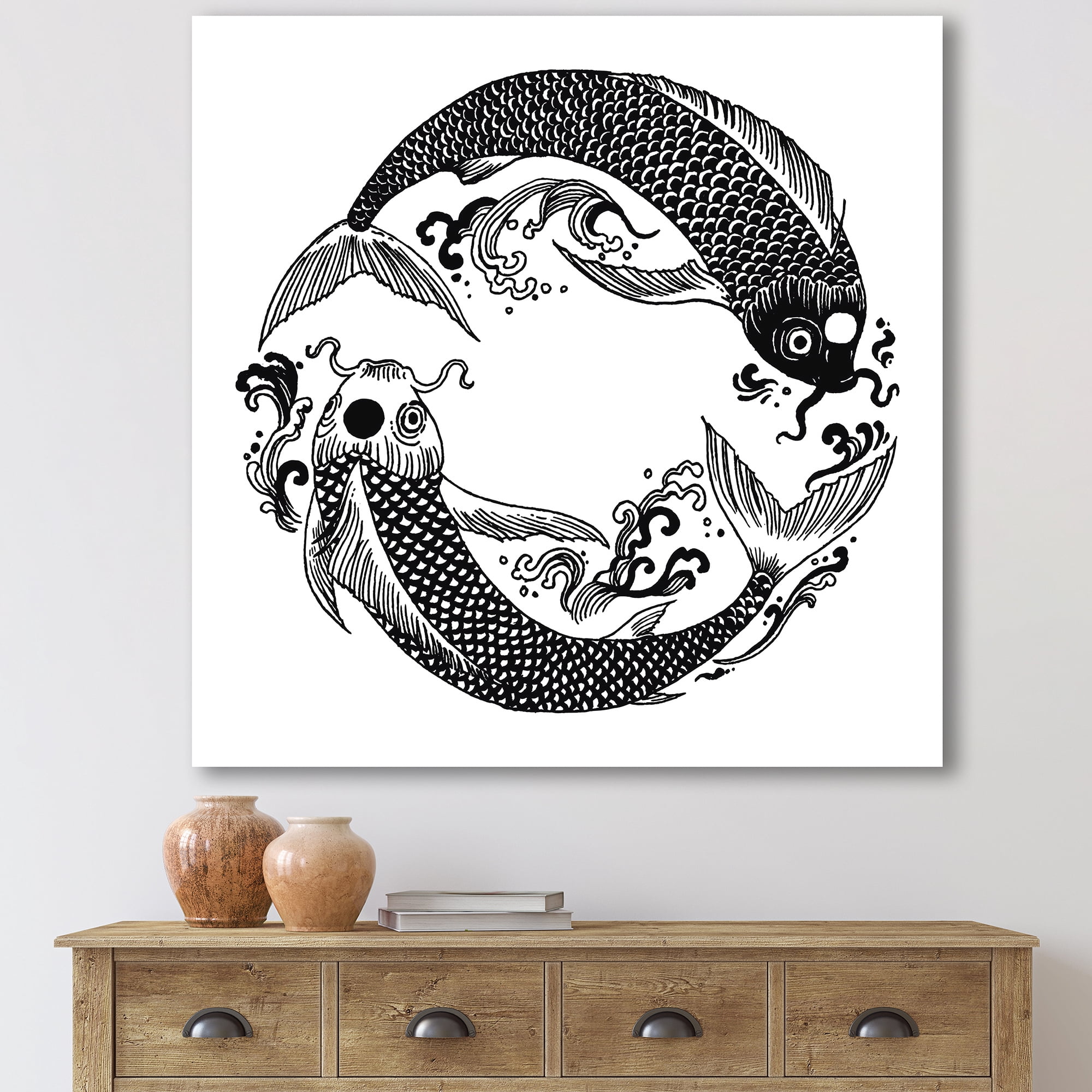 Designart ' China Koi Fish In Chinoiserie Style III ' Nautical & Coastal Canvas Wall Art Print