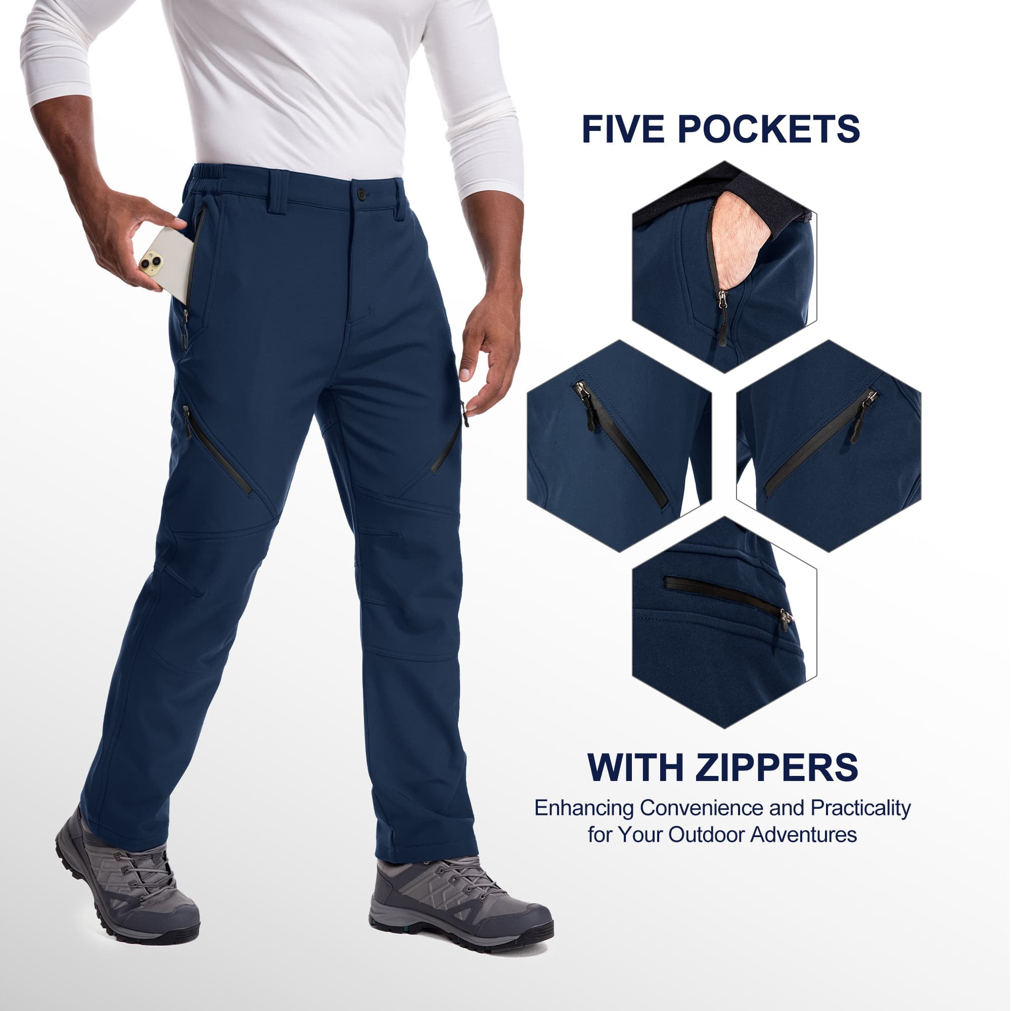 FEN AI Mens Fleece Lined Cargo Hiking Pants Windproof Warm Winter Pants for men Softshell Snow Skiing Trousers with 5 Zipper Pockets