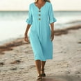 thumbnail image 4 of DYTTDG Women's V-Neck Button Down Midi Dress, Casual Loose Fit Ruffle Short Sleeve Tunic Dress with Pockets, 4 of 8