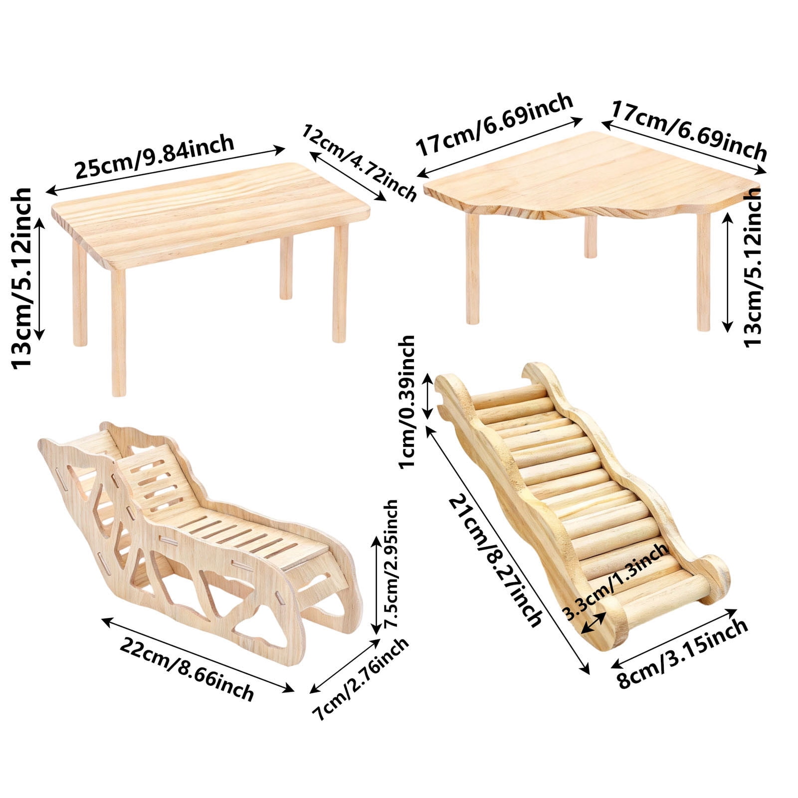4-Piece Hamster Wooden Platform Set with Climbing Ladder and Hideout Tunnel, Small Animal Cage Accessories for Syrian Hamsters, Gerbils, Mice, Enrichment Playground for Active Pets