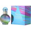 festive fantasy britney spears edt spray 1 oz eau de toilette para mujer, frasco redondo en degradado verde a morado con tapa plateada y caja azul con franjas rosa y morada, vista frontal 3/4 sobre fondo blanco; también suele usarse como muestra decorativa en tocadores.